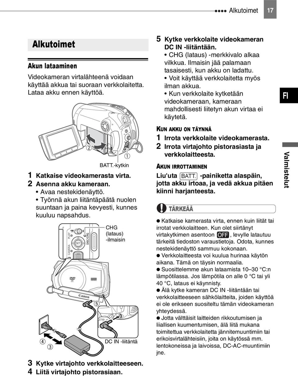 Kun verkkolaite kytketään videokameraan, kameraan mahdollisesti liitetyn akun virtaa ei käytetä. FI BATT.-kytkin 1 Katkaise videokamerasta virta. 2 Asenna akku kameraan. Avaa nestekidenäyttö.