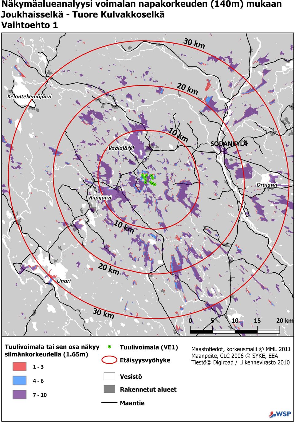 silänoreudella (165) 1-3 4-6 7-0 Tuulivoiala (VE1) Etäisyysvyöhye Vesistö Raennetut alueet Maantie