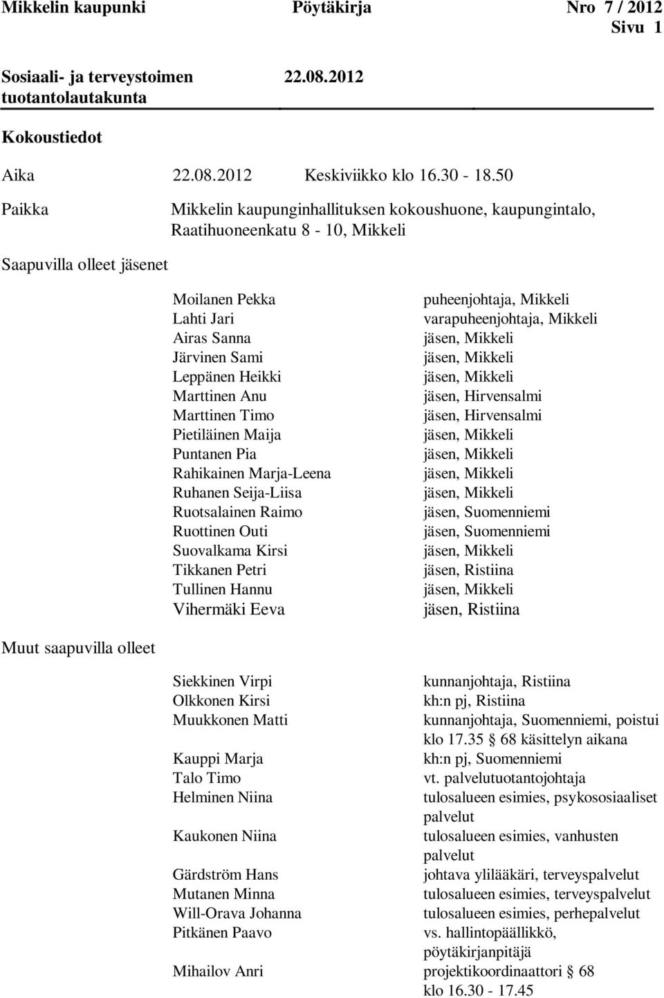 Marttinen Anu Marttinen Timo Pietiläinen Maija Puntanen Pia Rahikainen Marja-Leena Ruhanen Seija-Liisa Ruotsalainen Raimo Ruottinen Outi Suovalkama Kirsi Tikkanen Petri Tullinen Hannu Vihermäki Eeva