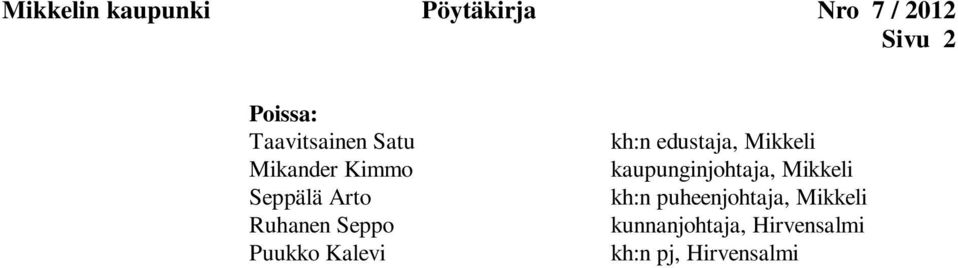 Puukko Kalevi kh:n edustaja, Mikkeli kaupunginjohtaja, Mikkeli