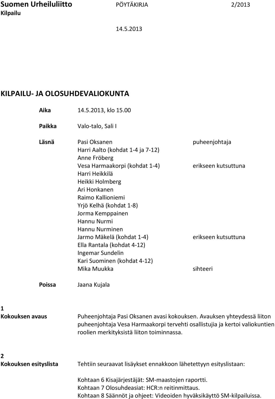 Honkanen Raimo Kallioniemi Yrjö Kelhä (kohdat 1-8) Jorma Kemppainen Hannu Nurmi Hannu Nurminen Jarmo Mäkelä (kohdat 1-4) erikseen kutsuttuna Ella Rantala (kohdat 4-12) Ingemar Sundelin Kari Suominen