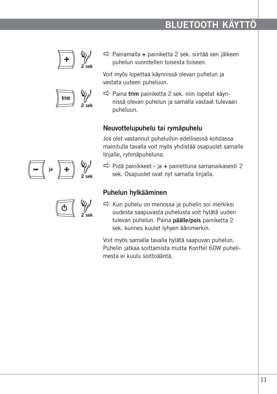 ja 2 sek Neuvottelupuhelu tai rymäpuhelu Jos olet vastannut puheluihin edellisessä kohdassa mainitulla tavalla voit myös yhdistää osapuolet samalle linjalle, ryhmäpuheluna.