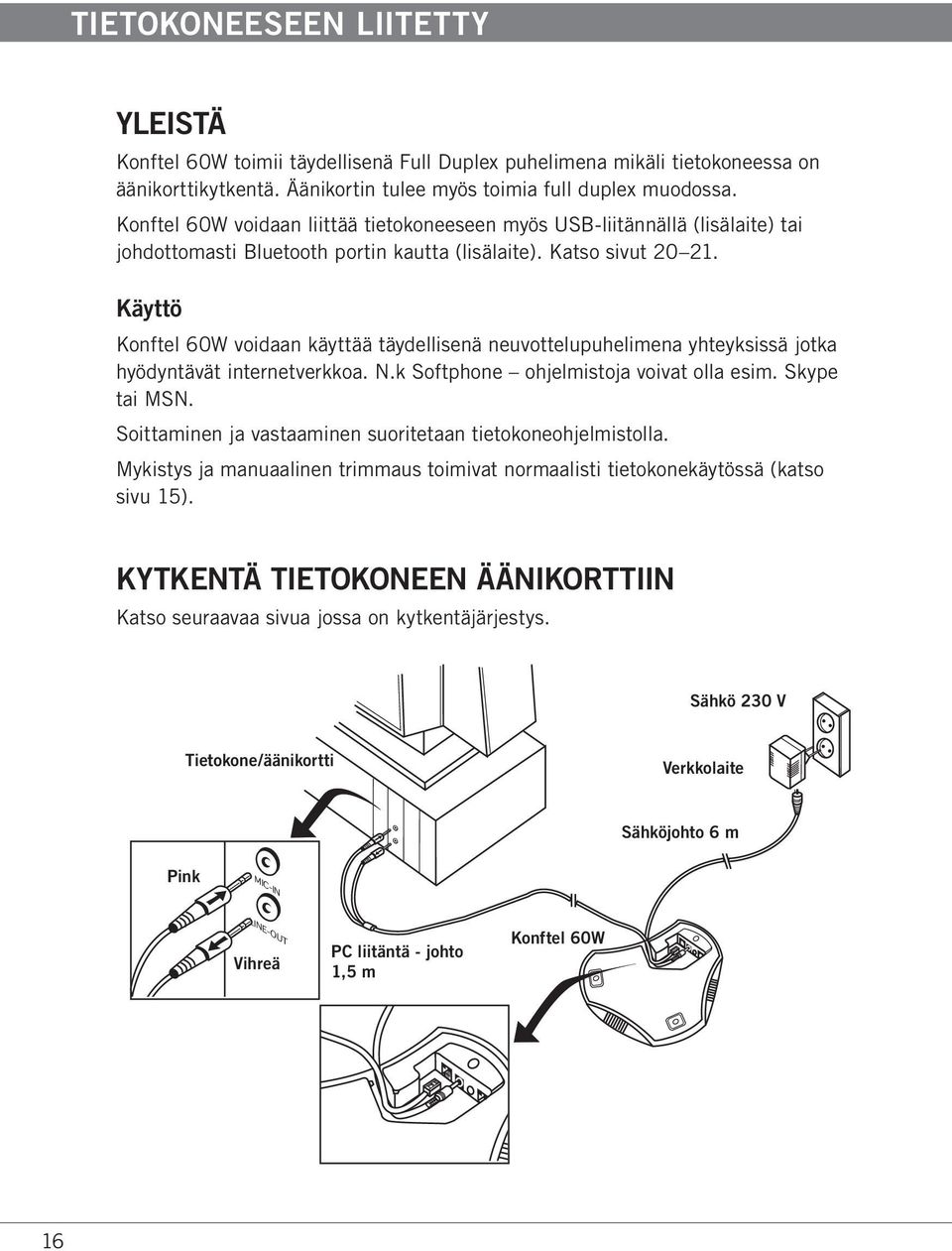 Käyttö Konftel 60W voidaan käyttää täydellisenä neuvottelupuhelimena yhteyksissä jotka hyödyntävät internetverkkoa. N.k Softphone ohjelmistoja voivat olla esim. Skype tai MSN.