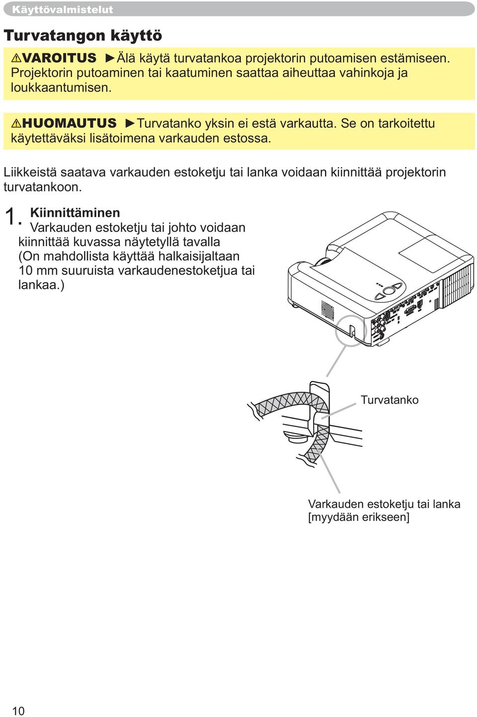 Liikkeistä saatava varkauden estoketju tai lanka voidaan kiinnittää projektorin turvatankoon. 1.