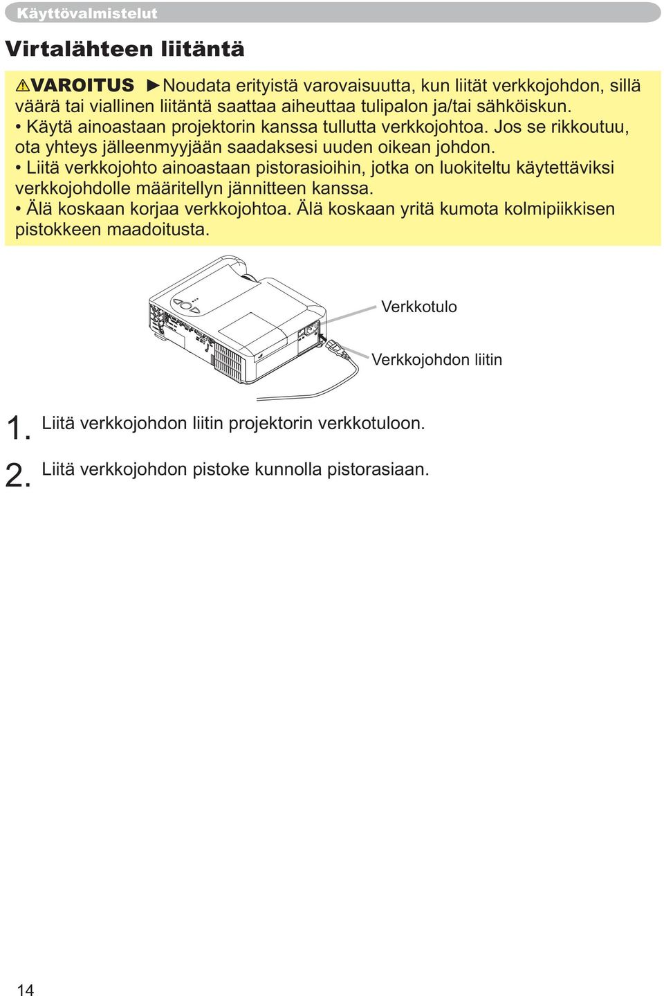 Liitä verkkojohto ainoastaan pistorasioihin, jotka on luokiteltu käytettäviksi verkkojohdolle määritellyn jännitteen kanssa. Älä koskaan korjaa verkkojohtoa.