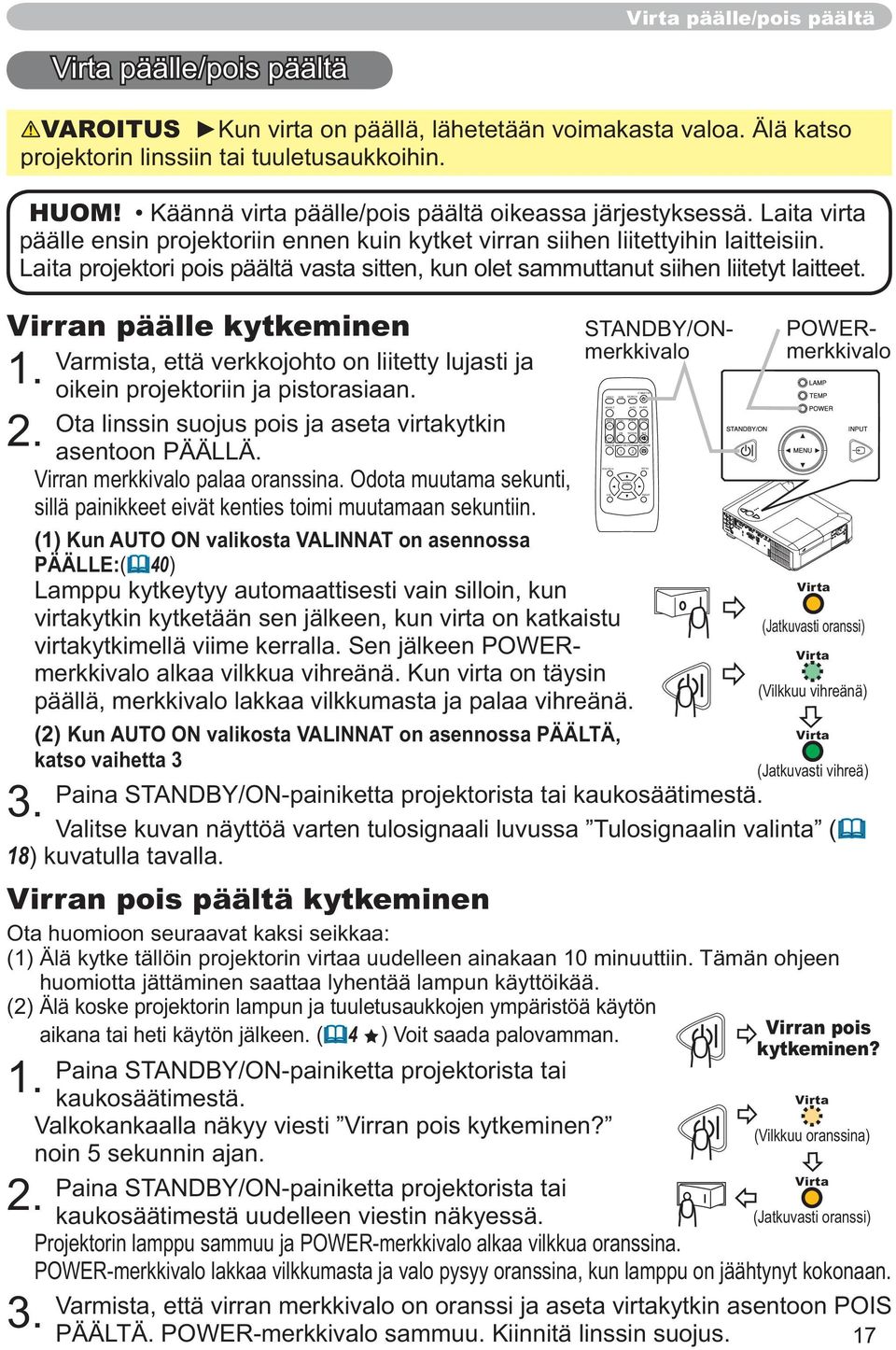 Laita virta päälle ensin projektoriin ennen kuin kytket virran siihen liitettyihin laitteisiin. Laita projektori pois päältä vasta sitten, kun olet sammuttanut siihen liitetyt laitteet.