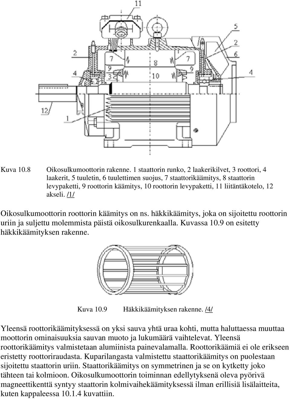 liitäntäkotelo, 12 akseli. /1/ Oikosulkumoottorin roottorin käämitys on ns. häkkikäämitys, joka on sijoitettu roottorin uriin ja suljettu molemmista päistä oikosulkurenkaalla. Kuvassa 10.