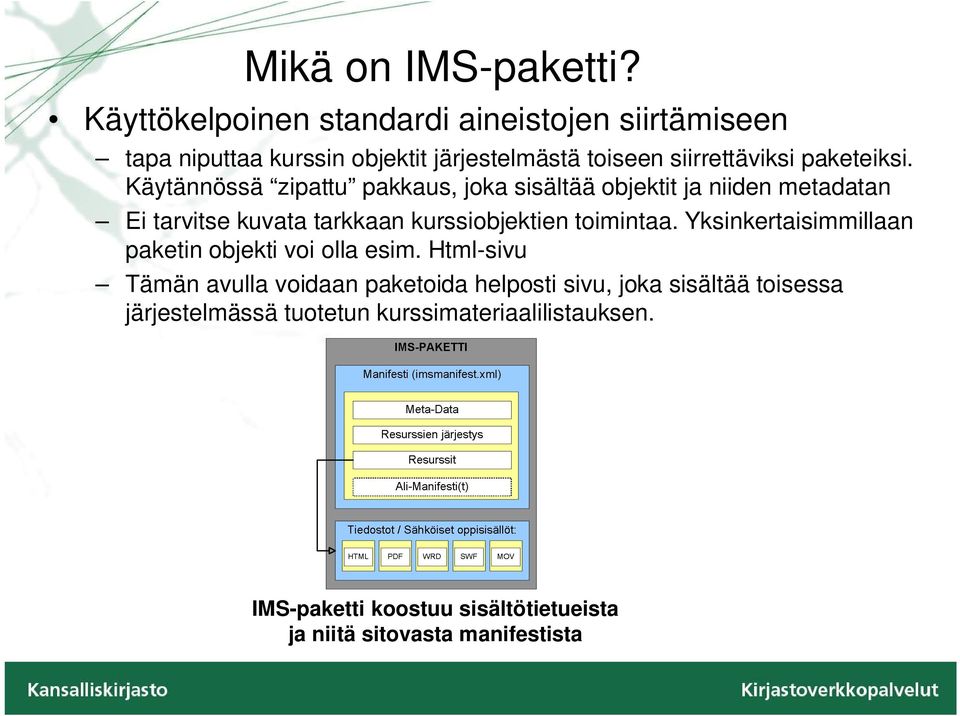 Käytännössä zipattu pakkaus, joka sisältää objektit ja niiden metadatan Ei tarvitse kuvata tarkkaan kurssiobjektien toimintaa.