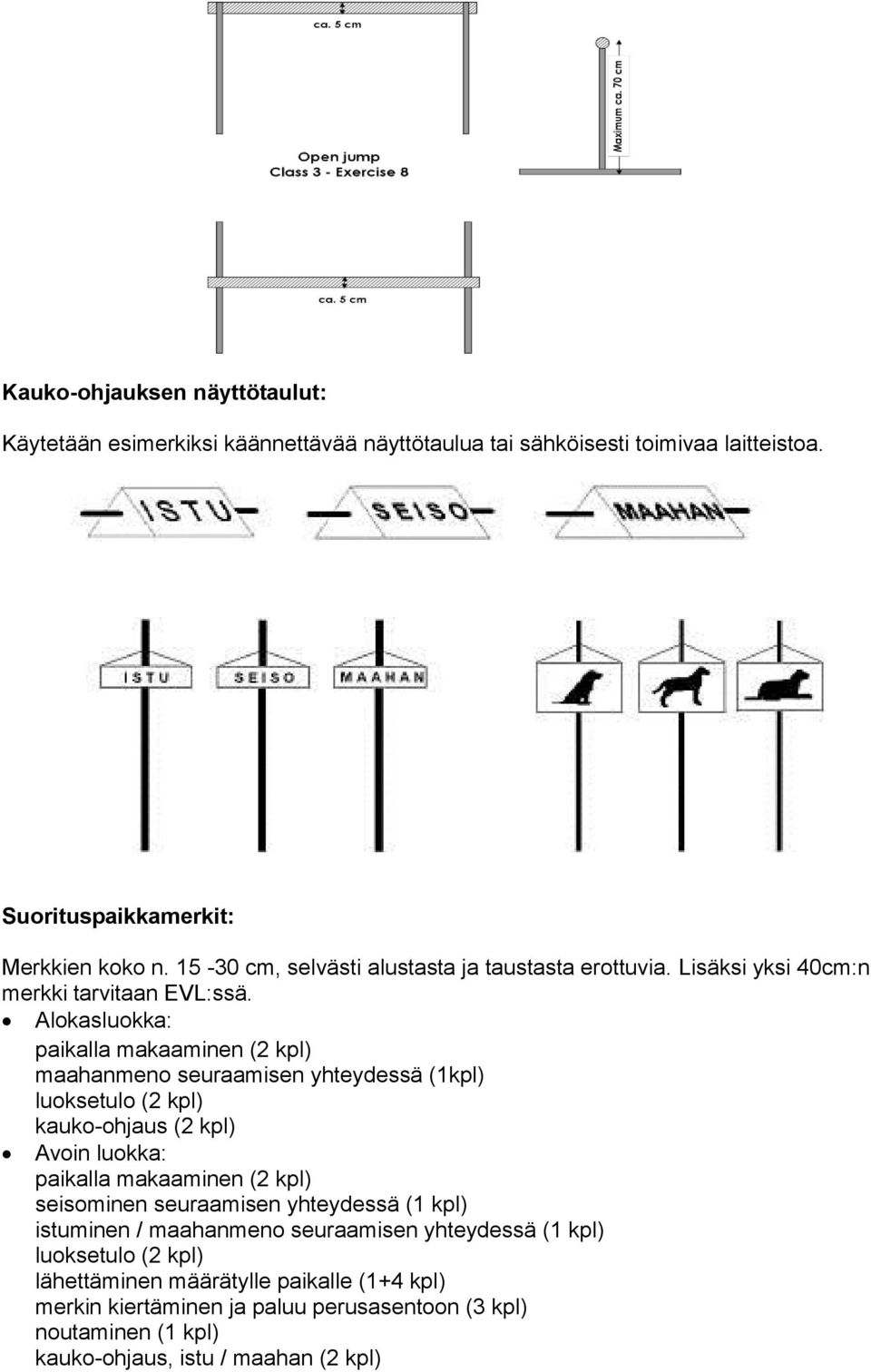 Alokasluokka: paikalla makaaminen (2 kpl) maahanmeno seuraamisen yhteydessä (1kpl) luoksetulo (2 kpl) kauko-ohjaus (2 kpl) Avoin luokka: paikalla makaaminen (2 kpl)