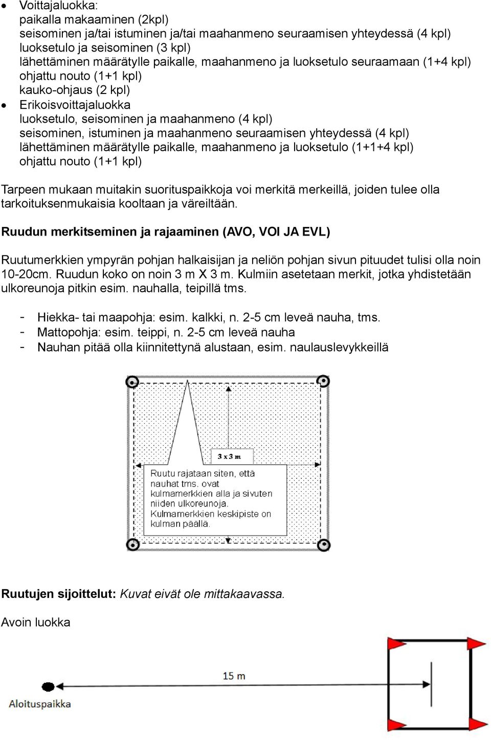 yhteydessä (4 kpl) lähettäminen määrätylle paikalle, maahanmeno ja luoksetulo (1+1+4 kpl) ohjattu nouto (1+1 kpl) Tarpeen mukaan muitakin suorituspaikkoja voi merkitä merkeillä, joiden tulee olla