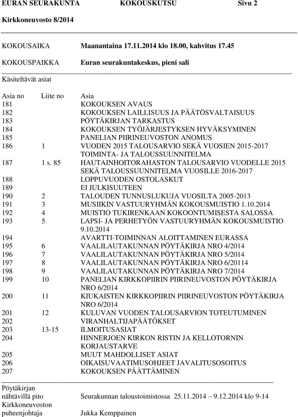 TYÖJÄRJESTYKSEN HYVÄKSYMINEN 185 PANELIAN PIIRINEUVOSTON ANOMUS 186 1 VUODEN 2015 TALOUSARVIO SEKÄ VUOSIEN 2015-2017 TOIMINTA- JA TALOUSSUUNNITELMA 187 1 s.