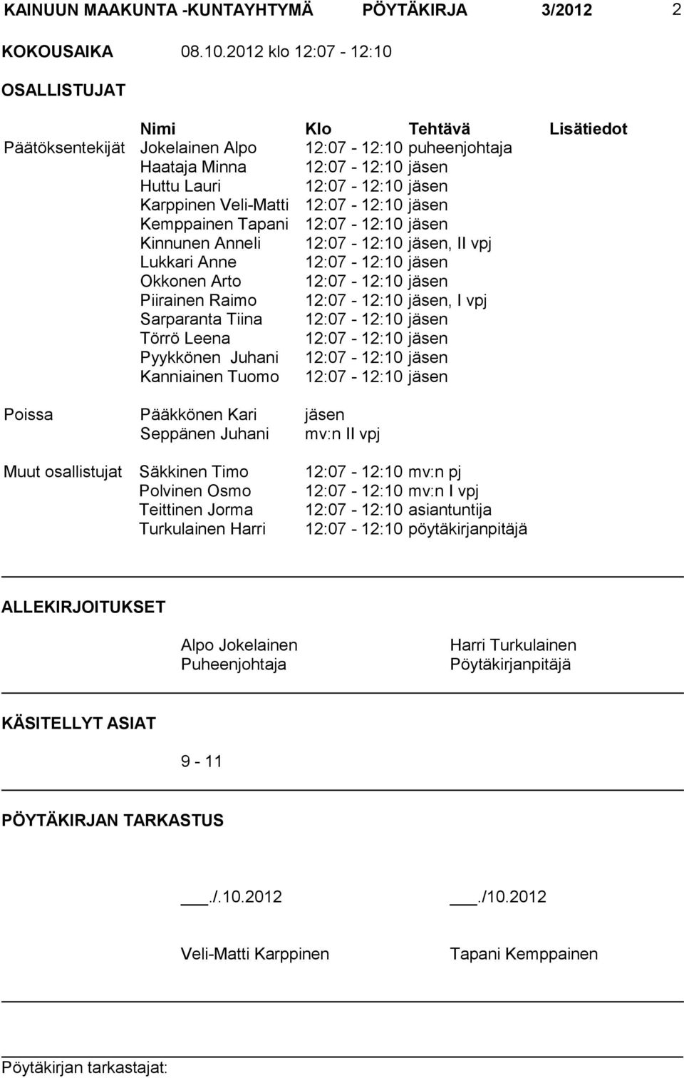 Veli-Matti 12:07-12:10 jäsen Kemppainen Tapani 12:07-12:10 jäsen Kinnunen Anneli 12:07-12:10 jäsen, II vpj Lukkari Anne 12:07-12:10 jäsen Okkonen Arto 12:07-12:10 jäsen Piirainen Raimo 12:07-12:10