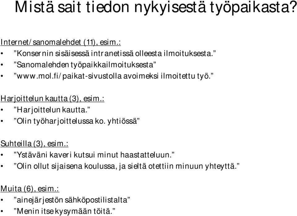 fi/paikat-sivustolla avoimeksi ilmoitettu työ. Harjoittelun kautta (3), esim.: Harjoittelun kautta. Olin työharjoittelussa ko.