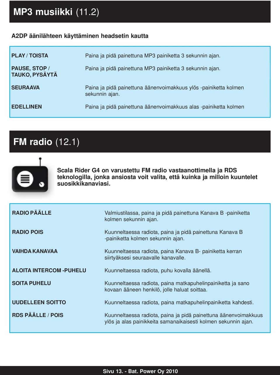 Paina ja pidä painettuna äänenvoimakkuus alas -painiketta kolmen FM radio (12.