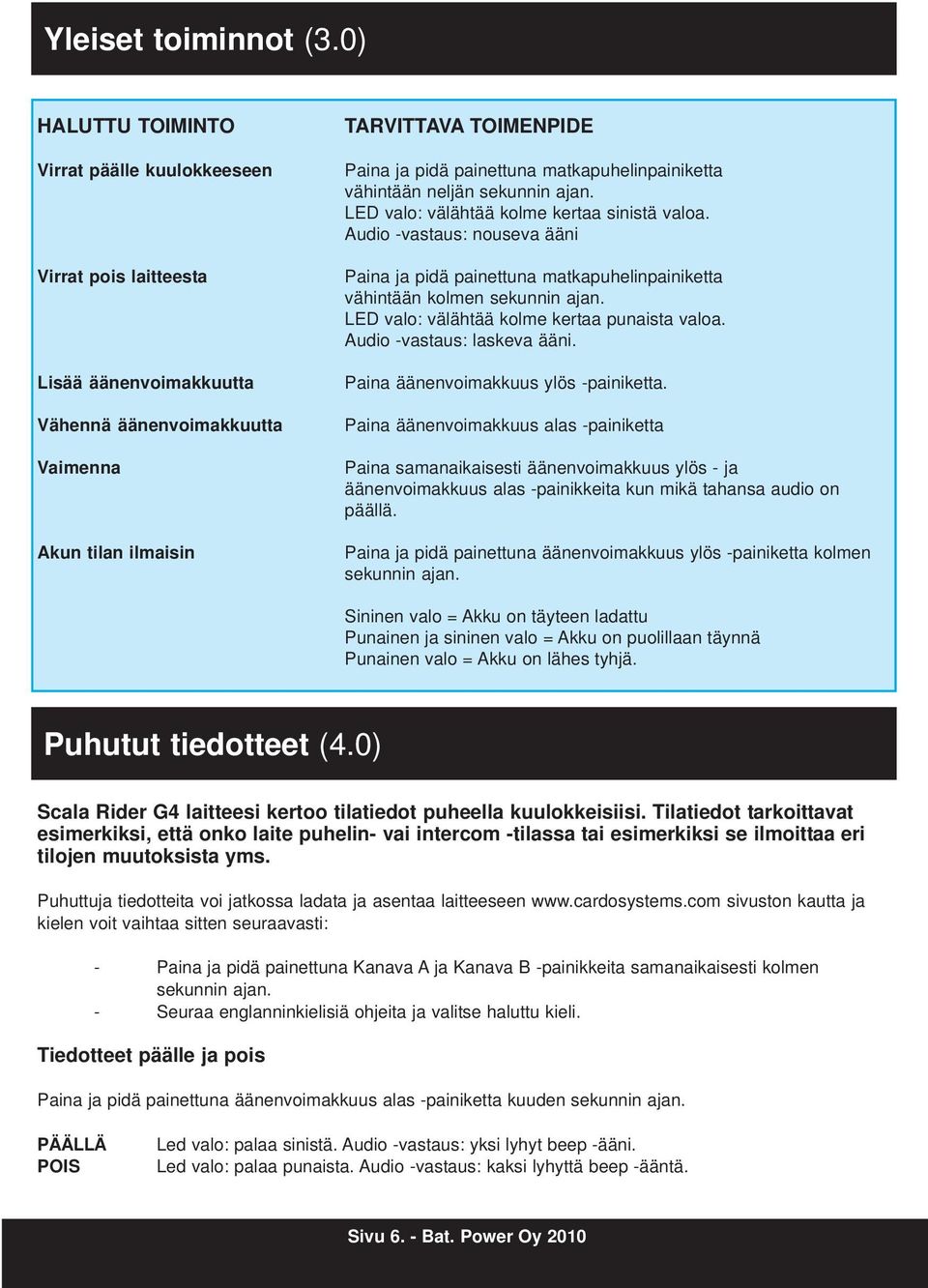 matkapuhelinpainiketta vähintään neljän sekunnin ajan. LED valo: välähtää kolme kertaa sinistä valoa.