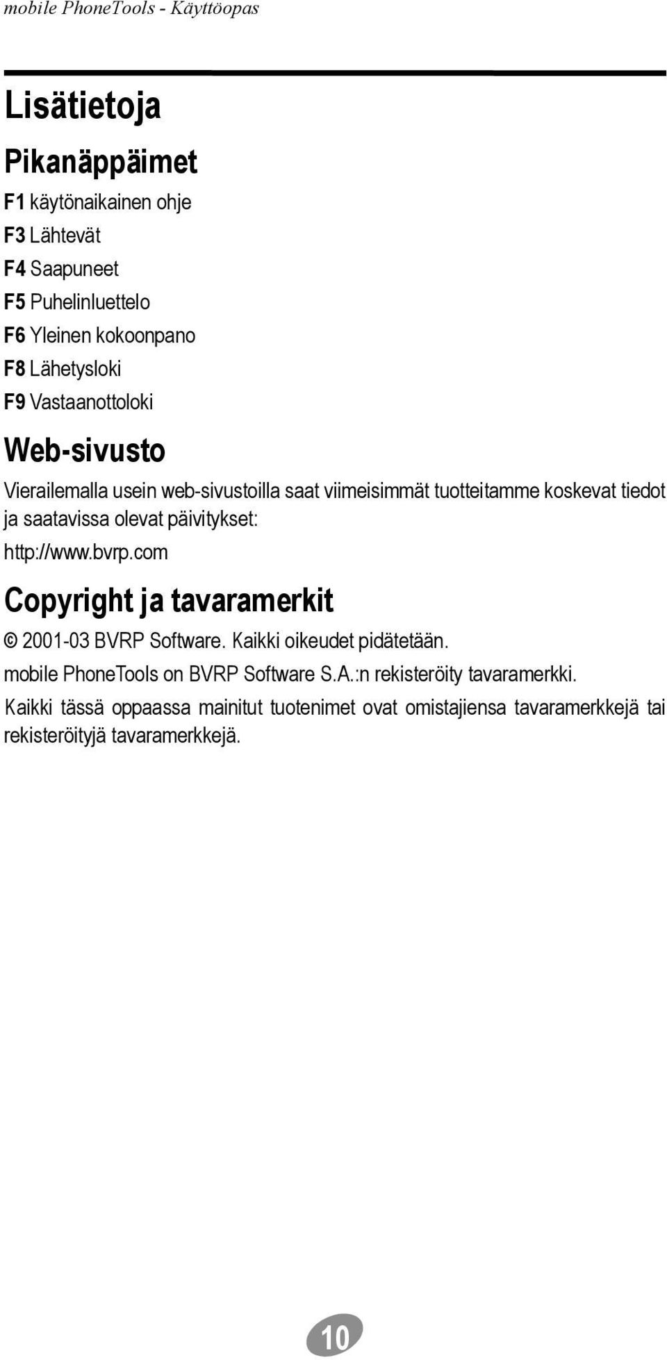 päivitykset: http://www.bvrp.com Copyright ja tavaramerkit 2001-03 BVRP Software. Kaikki oikeudet pidätetään.