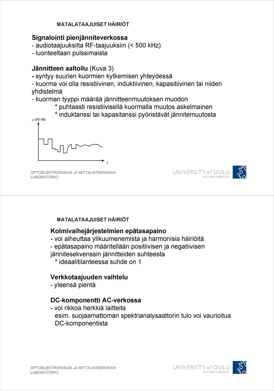 askelmainen * induktanssi tai kapasitanssi pyöristävät jännitemuutosta U/U (%) t MATALATAAJUISET HÄIRIÖT Kolmivaihejärjestelmien epätasapaino - voi aiheuttaa ylikuumenemista ja harmonisia häiriöitä -