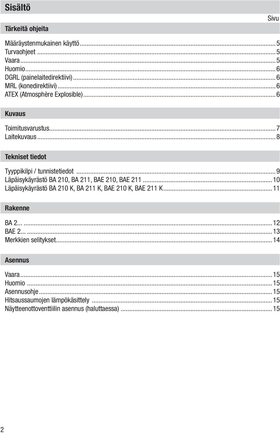 ..8 Tekniset tiedot Tyyppikilpi / tunnistetiedot...9 Läpäisykäyrästö BA 210, BA 211, BAE 210, BAE 211.