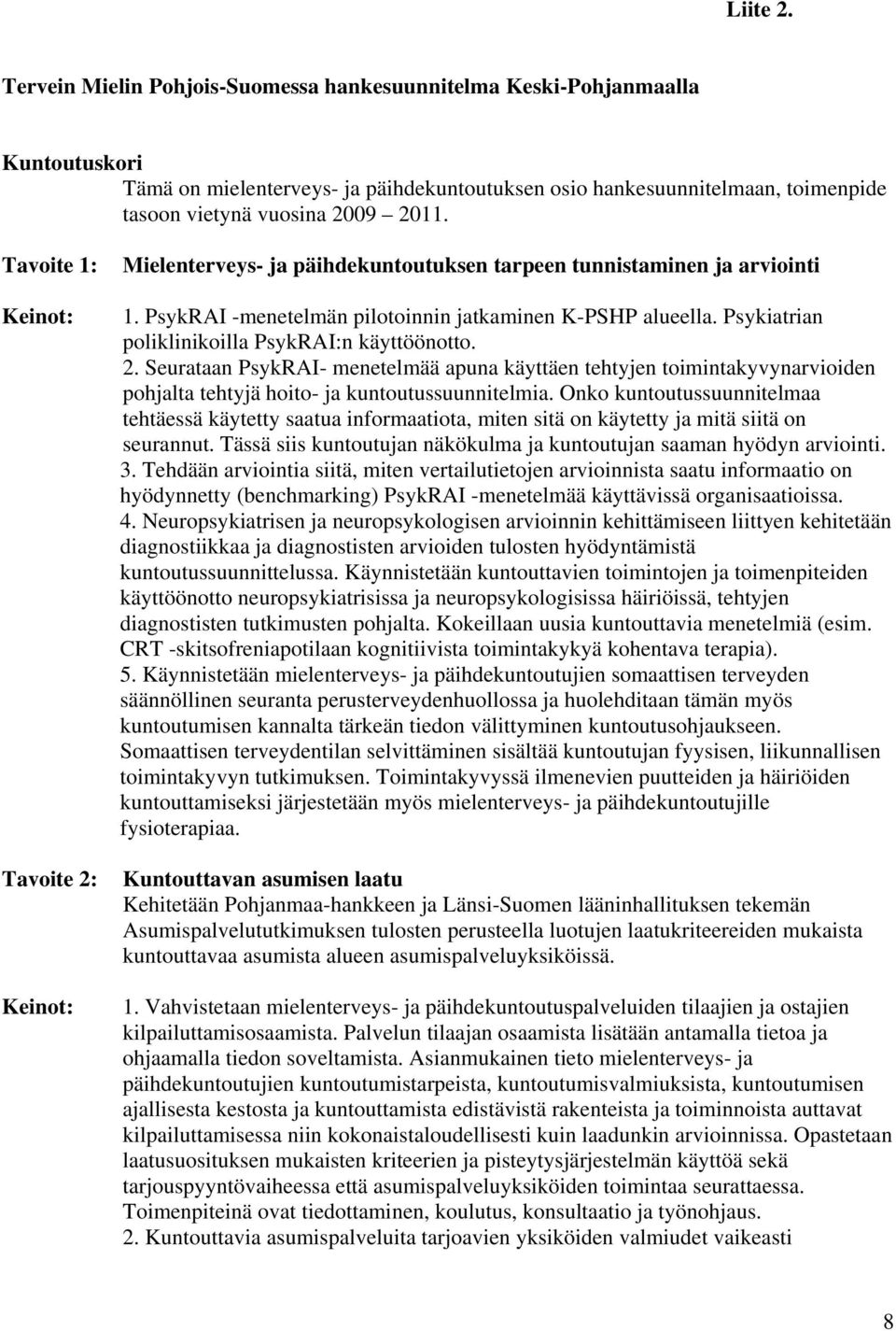 Tavoite 1: Keinot: Tavoite 2: Keinot: Mielenterveys- ja päihdekuntoutuksen tarpeen tunnistaminen ja arviointi 1. PsykRAI -menetelmän pilotoinnin jatkaminen K-PSHP alueella.