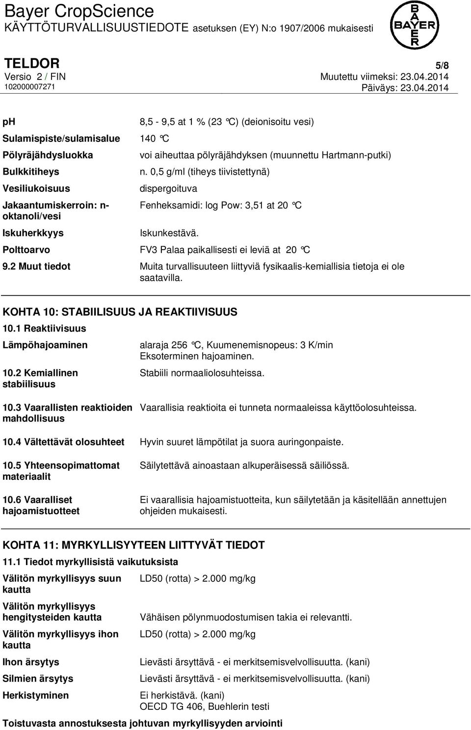 2 Muut tiedot Muita turvallisuuteen liittyviä fysikaalis-kemiallisia tietoja ei ole saatavilla. KOHTA 10: STABIILISUUS JA REAKTIIVISUUS 10.1 Reaktiivisuus Lämpöhajoaminen 10.