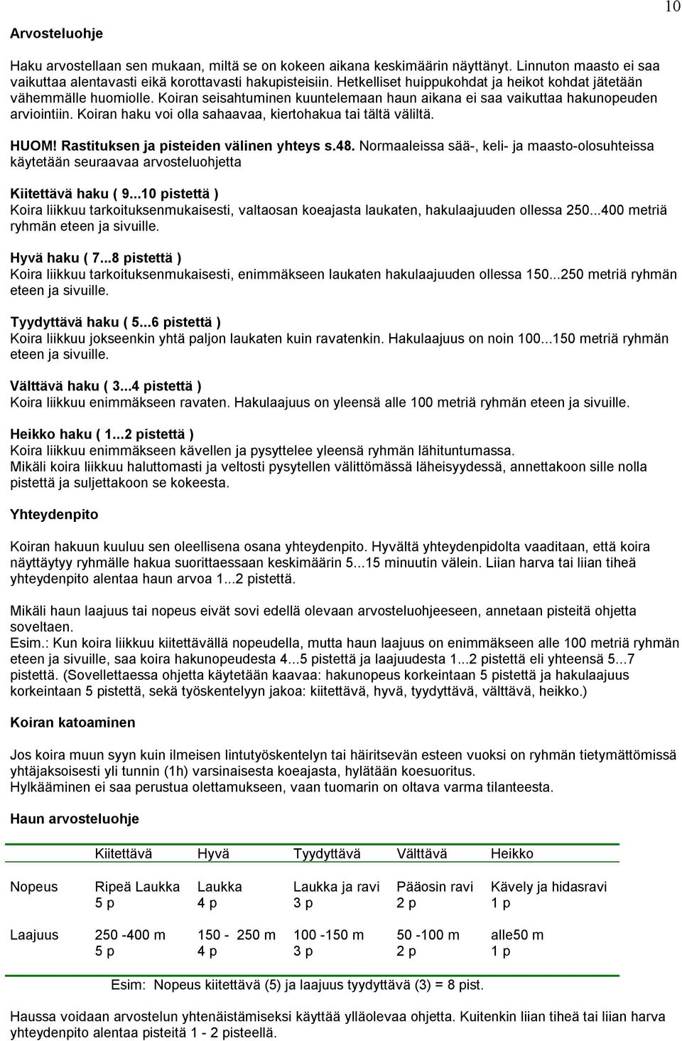 Koiran haku voi olla sahaavaa, kiertohakua tai tältä väliltä. HUOM! Rastituksen ja pisteiden välinen yhteys s.48.