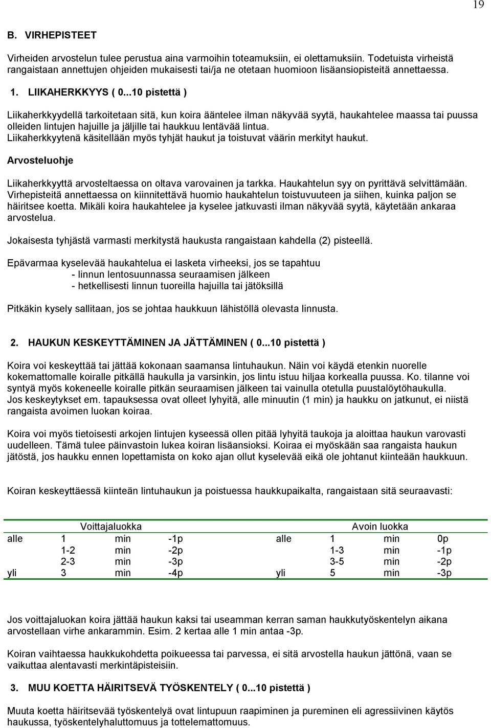 ..10 pistettä ) Liikaherkkyydellä tarkoitetaan sitä, kun koira ääntelee ilman näkyvää syytä, haukahtelee maassa tai puussa olleiden lintujen hajuille ja jäljille tai haukkuu lentävää lintua.