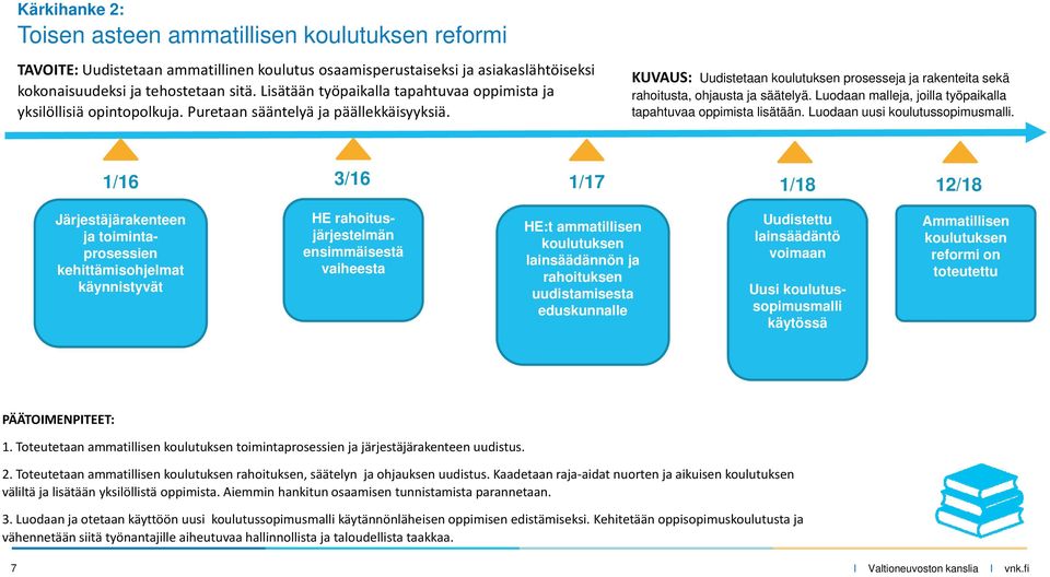 KUVAUS: Uudistetaan koulutuksen prosesseja ja rakenteita sekä rahoitusta, ohjausta ja säätelyä. Luodaan malleja, joilla työpaikalla tapahtuvaa oppimista lisätään. Luodaan uusi koulutussopimusmalli.