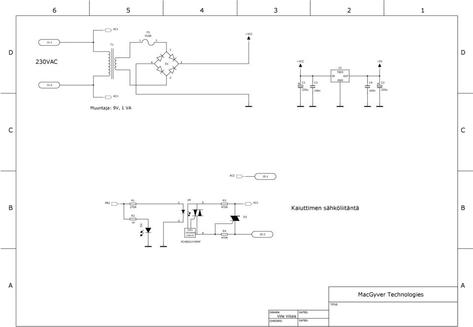 1 U4 5 R3 470R AC1 Kaiuttimen sähköliitäntä B R2 1k D2 2 D3 ZERO CROSSING 4 CIRCUIT