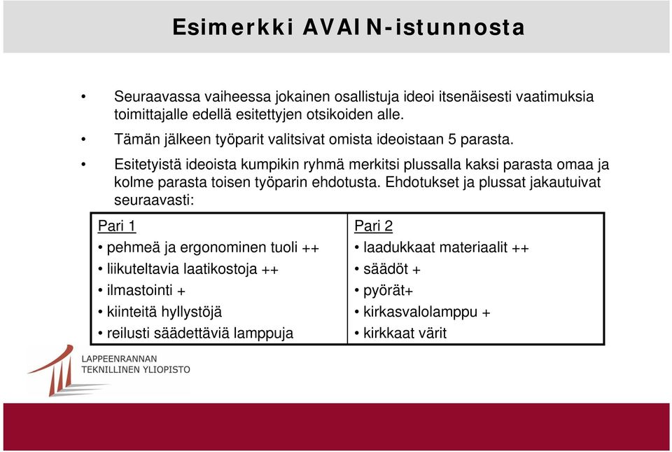 Esitetyistä ideoista kumpikin ryhmä merkitsi plussalla kaksi parasta omaa ja kolme parasta toisen työparin ehdotusta.