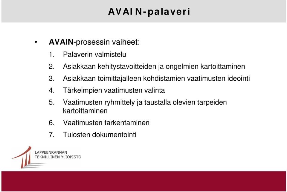 Asiakkaan toimittajalleen kohdistamien vaatimusten ideointi 4.