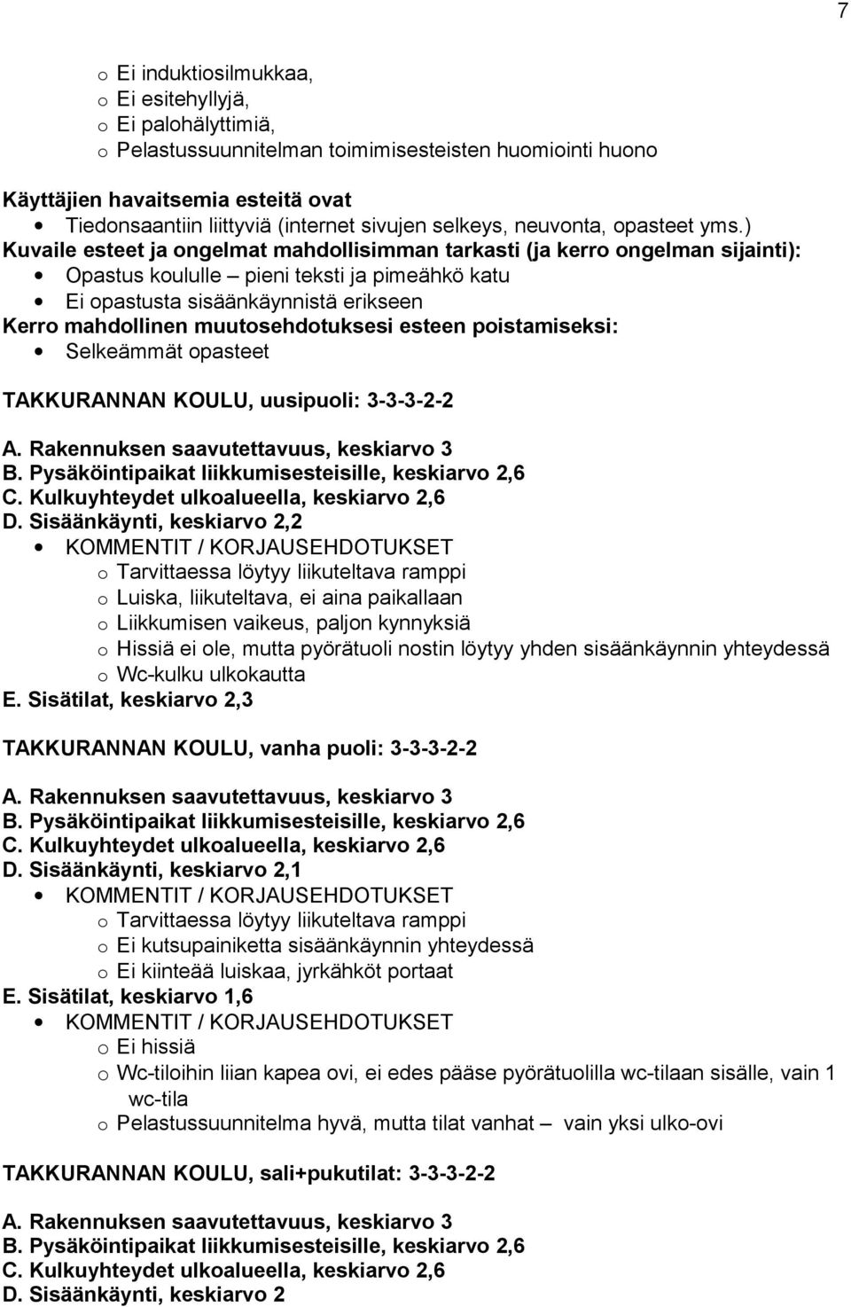 muutosehdotuksesi esteen poistamiseksi: Selkeämmät opasteet TAKKURANNAN KOULU, uusipuoli: 3-3-3-2-2 A. Rakennuksen saavutettavuus, keskiarvo 3 B. Pysäköintipaikat liikkumisesteisille, keskiarvo 2,6 D.