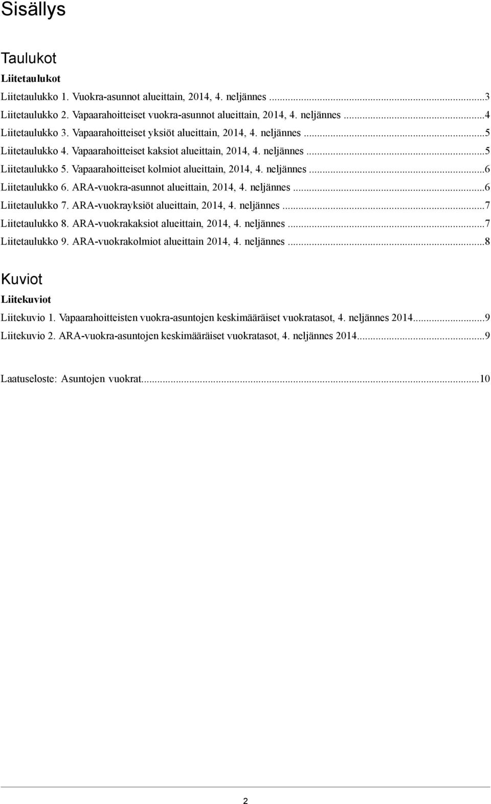 neljännes 6 Liitetaulukko 6 ARA-vuokra-asunnot alueittain, 2014, 4 neljännes 6 Liitetaulukko 7 ARA-vuokrayksiöt alueittain, 2014, 4 neljännes 7 Liitetaulukko 8 ARA-vuokrakaksiot alueittain, 2014, 4