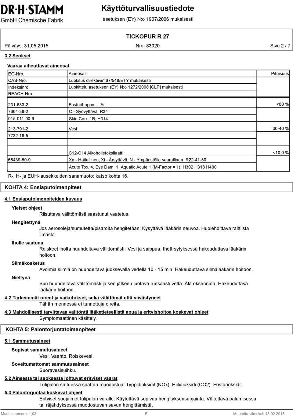 .. % <60 % 7664-3-2 015-011-00-6 C - Syövyttävä R34 Skin Corr.