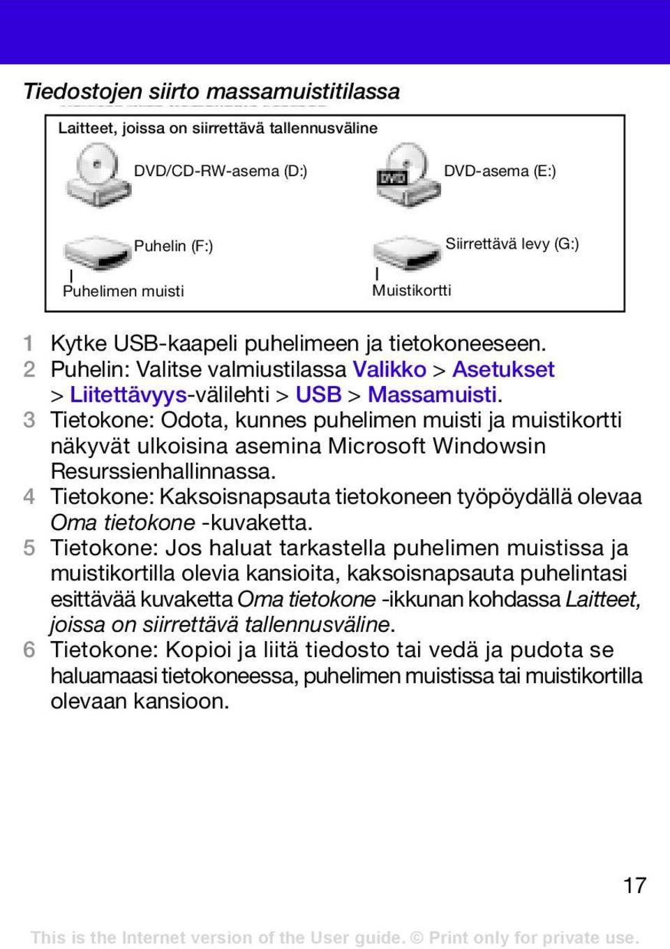 3 Tietokone: Odota, kunnes puhelimen muisti ja muistikortti näkyvät ulkoisina asemina Microsoft Windowsin Resurssienhallinnassa.