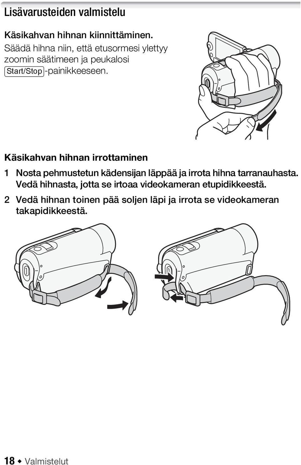 Käsikahvan hihnan irrottaminen 1 Nosta pehmustetun kädensijan läppää ja irrota hihna tarranauhasta.