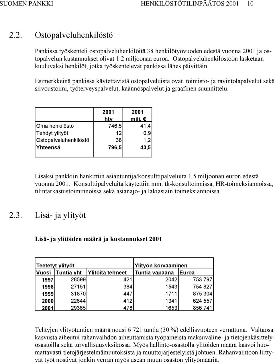 Esimerkkeinä pankissa käytettävistä ostopalveluista ovat toimisto- ja ravintolapalvelut sekä siivoustoimi, työterveyspalvelut, käännöspalvelut ja graafinen suunnittelu. 2001 htv 2001 milj.