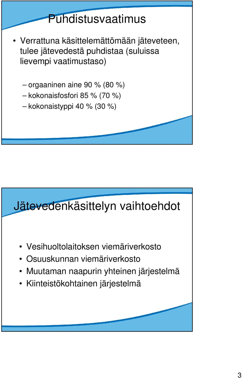 kokonaistyppi 40 % (30 %) Jätevedenkäsittelyn vaihtoehdot Vesihuoltolaitoksen