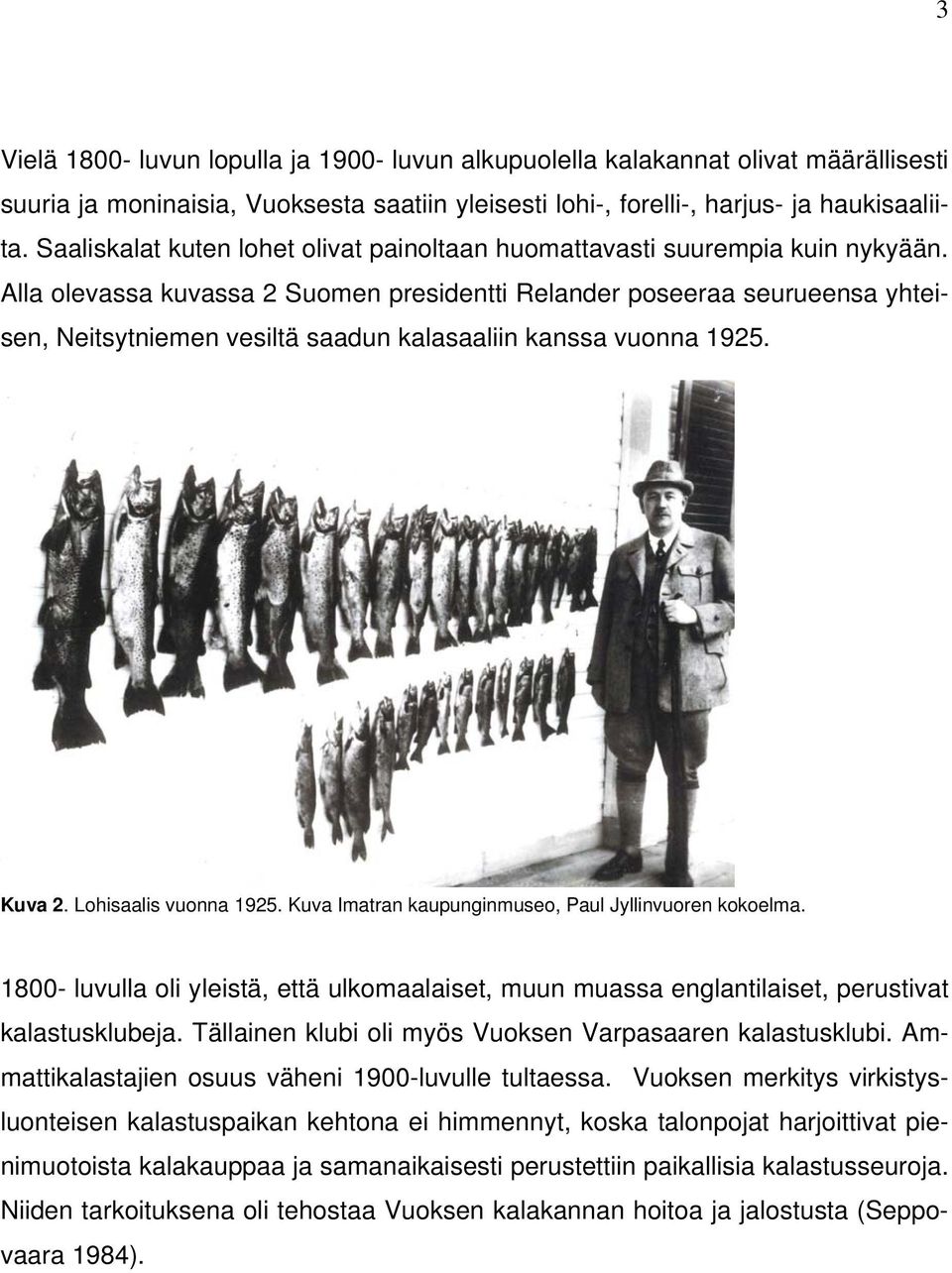 Alla olevassa kuvassa 2 Suomen presidentti Relander poseeraa seurueensa yhteisen, Neitsytniemen vesiltä saadun kalasaaliin kanssa vuonna 1925. Kuva 2. Lohisaalis vuonna 1925.