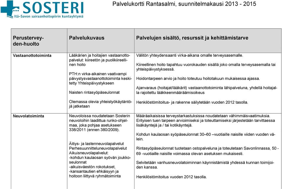 Sosterin neuvoloihin laadittua runko-ohjelmaa, joka pohjaa asetukseen 338/2011 (ennen 380/2009).