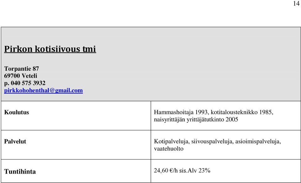 com Hammashoitaja 1993, kotitalousteknikko 1985, naisyrittäjän