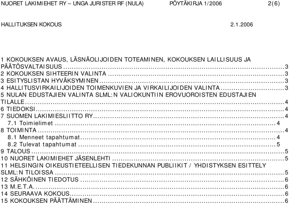 ..4 7 SUOMEN LAKIMIESLIITTO RY...4 7.1 Toimielimet...4 8 TOIMINTA...4 8.1 Menneet tapahtumat...4 8.2 Tulevat tapahtumat...5 9 TALOUS...5 10 NUORET LAKIMIEHET JÄSENLEHTI.