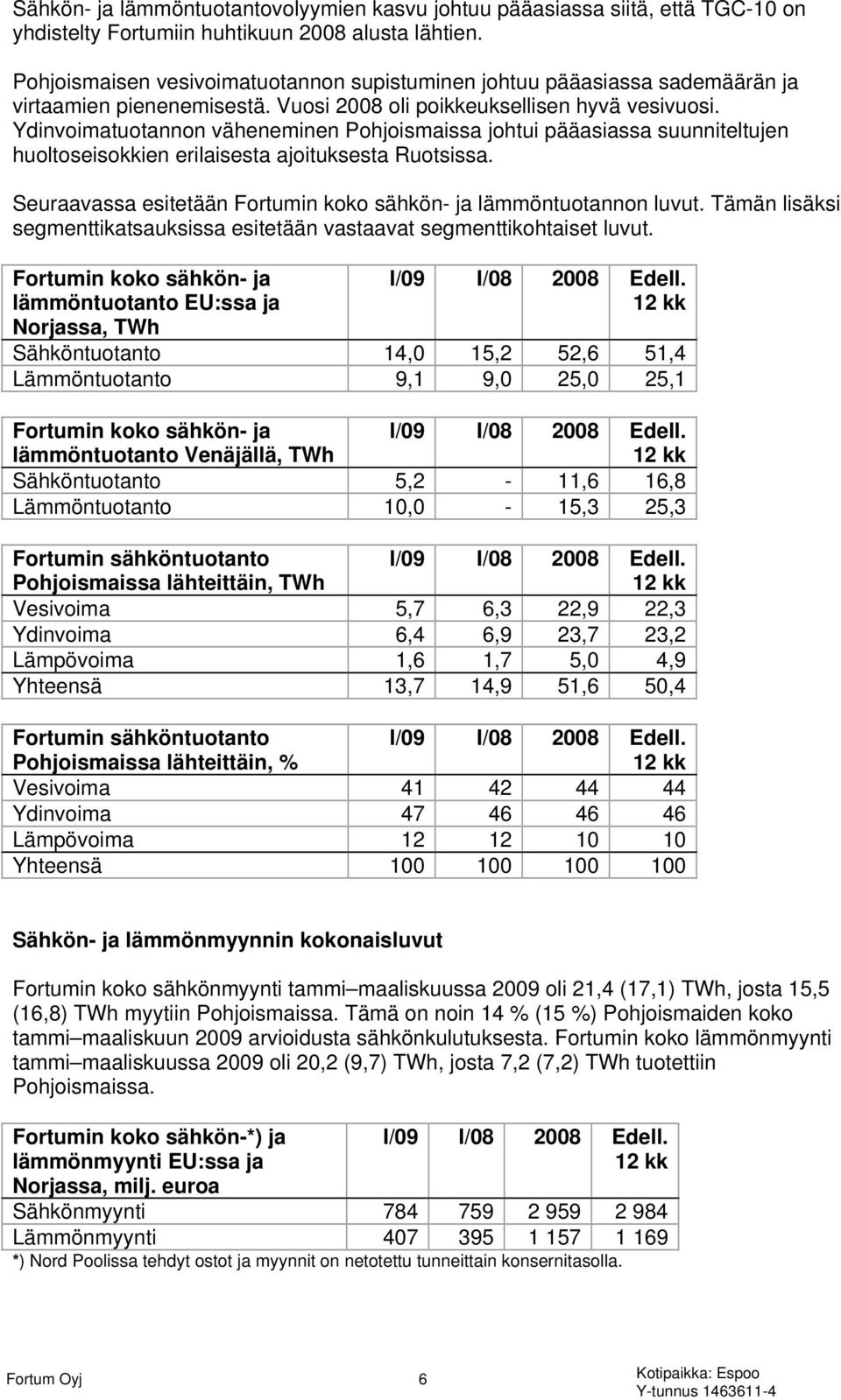 Ydinvoimatuotannon väheneminen Pohjoismaissa johtui pääasiassa suunniteltujen huoltoseisokkien erilaisesta ajoituksesta Ruotsissa. Seuraavassa esitetään Fortumin koko sähkön- ja lämmöntuotannon luvut.