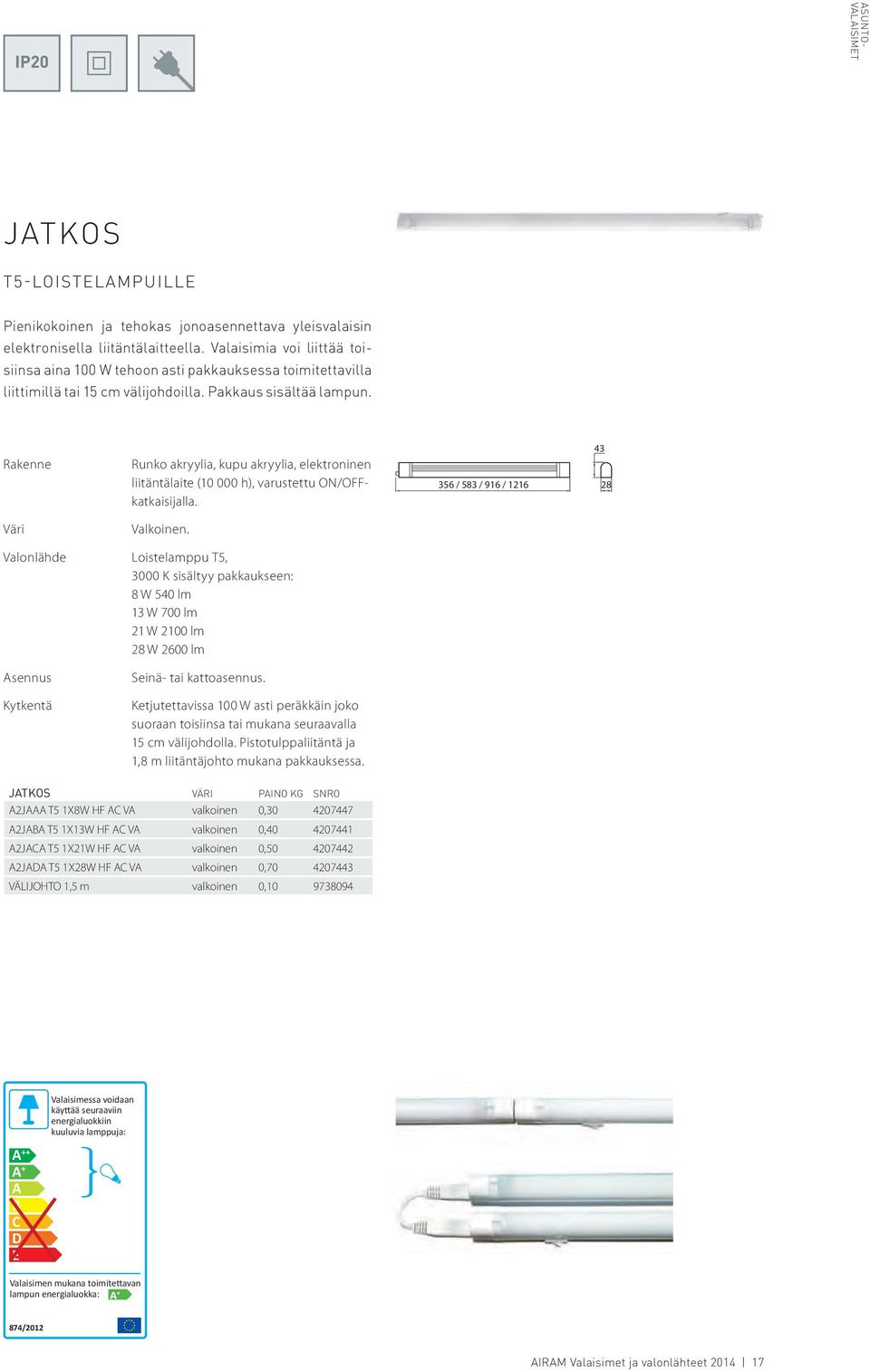 Runko akryylia, kupu akryylia, elektroninen liitäntälaite (10 000 h), varustettu ON/OFFkatkaisijalla. 356 / 583 / 916 / 1216 43 28 Valkoinen.