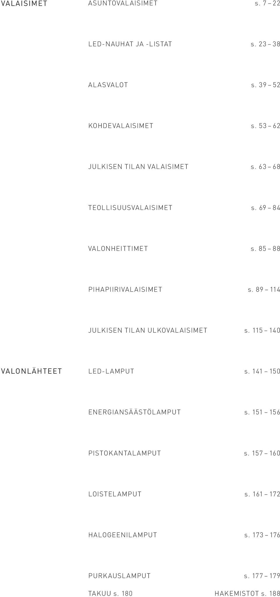 89 114 JULKISN TILN ULKOVLISIMT s. 115 140 VLONLÄHTT L-LMPUT s. 141 150 NRGINSÄÄSTÖLMPUT s.
