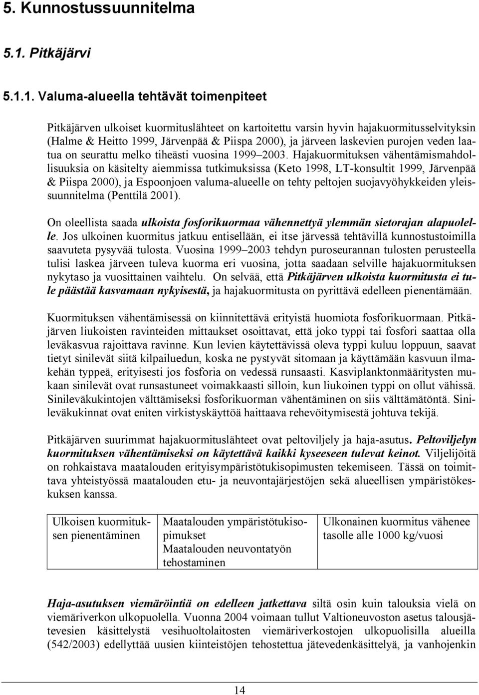 1. Valuma-alueella tehtävät toimenpiteet Pitkäjärven ulkoiset kuormituslähteet on kartoitettu varsin hyvin hajakuormitusselvityksin (Halme & Heitto 1999, Järvenpää & Piispa 2000), ja järveen