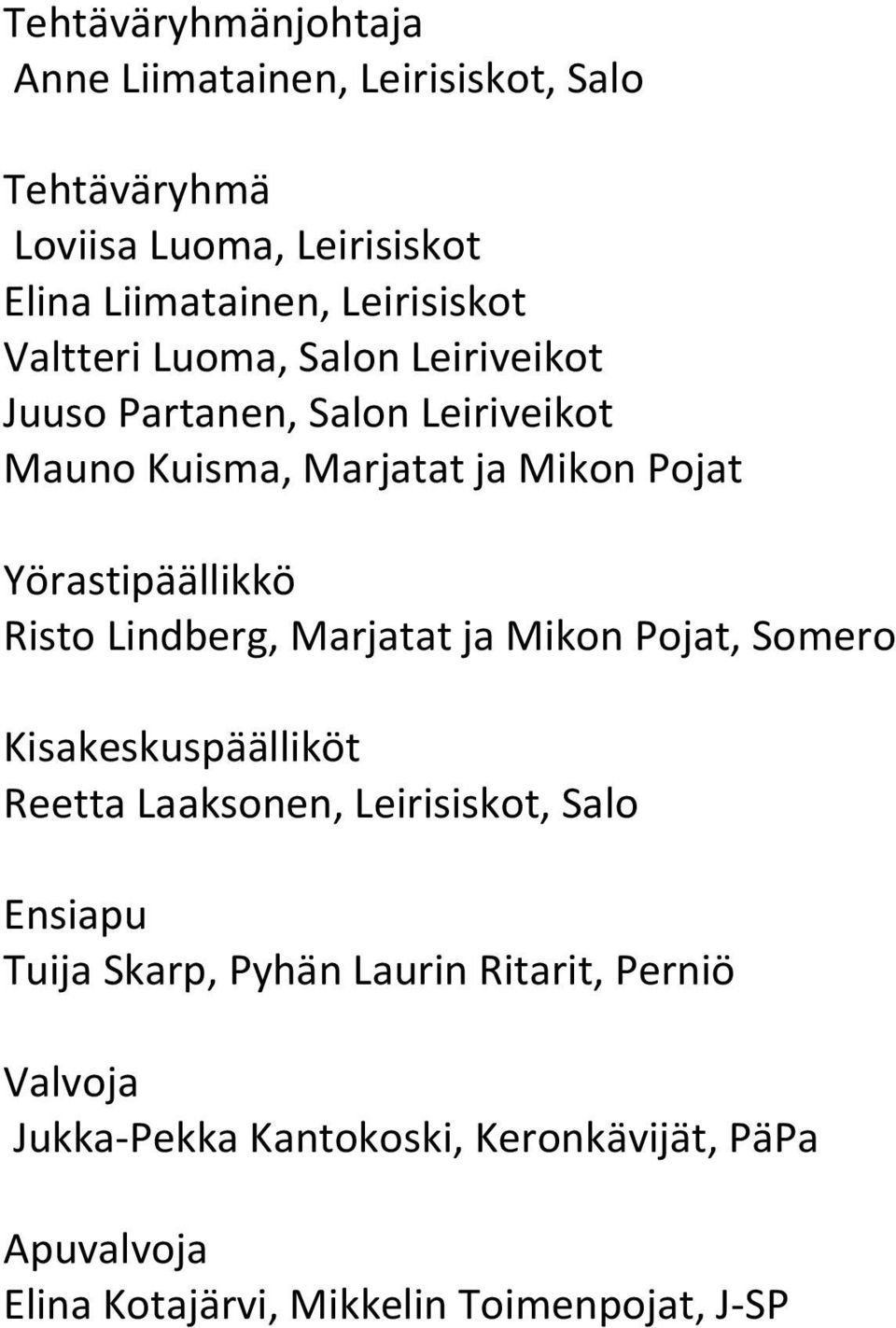 Risto Lindberg, Marjatat ja Mikon Pojat, Somero Kisakeskuspäälliköt Reetta Laaksonen, Leirisiskot, Salo Ensiapu Tuija Skarp,