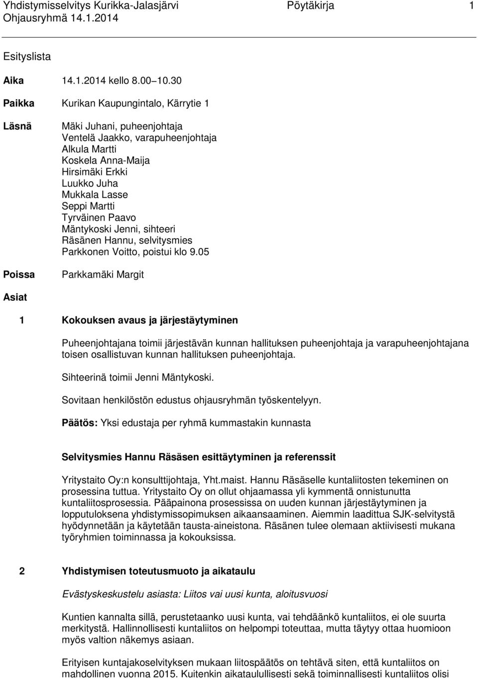 Martti Tyrväinen Paavo Mäntykoski Jenni, sihteeri Räsänen Hannu, selvitysmies Parkkonen Voitto, poistui klo 9.
