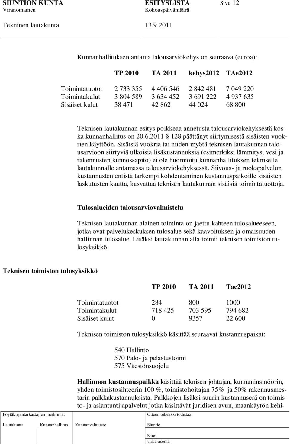 Sisäisiä vuokria tai niiden myötä teknisen lautakunnan talousarvioon siirtyviä ulkoisia lisäkustannuksia (esimerkiksi lämmitys, vesi ja rakennusten kunnossapito) ei ole huomioitu kunnanhallituksen