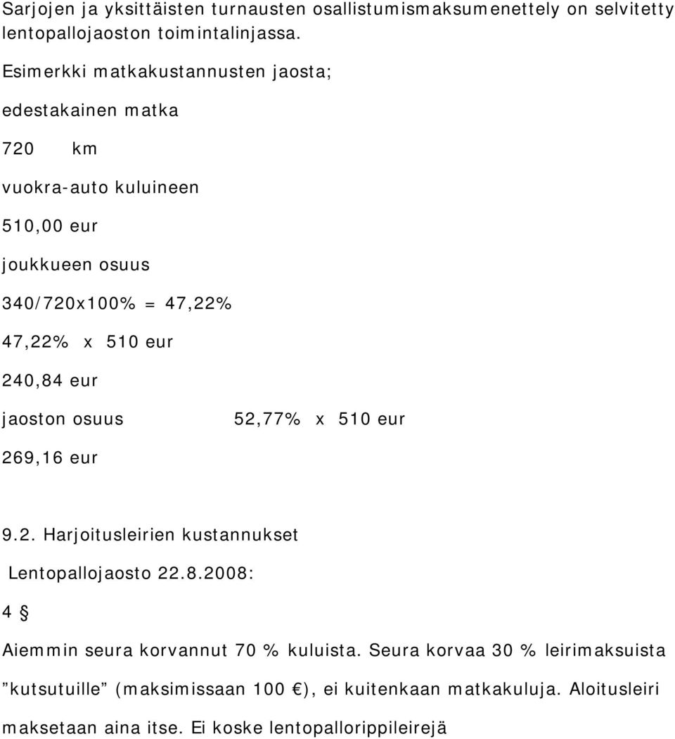 510 eur 240,84 eur jaoston osuus 52,77% x 510 eur 269,16 eur 9.2. Harjoitusleirien kustannukset Lentopallojaosto 22.8.2008: 4 Aiemmin seura korvannut 70 % kuluista.