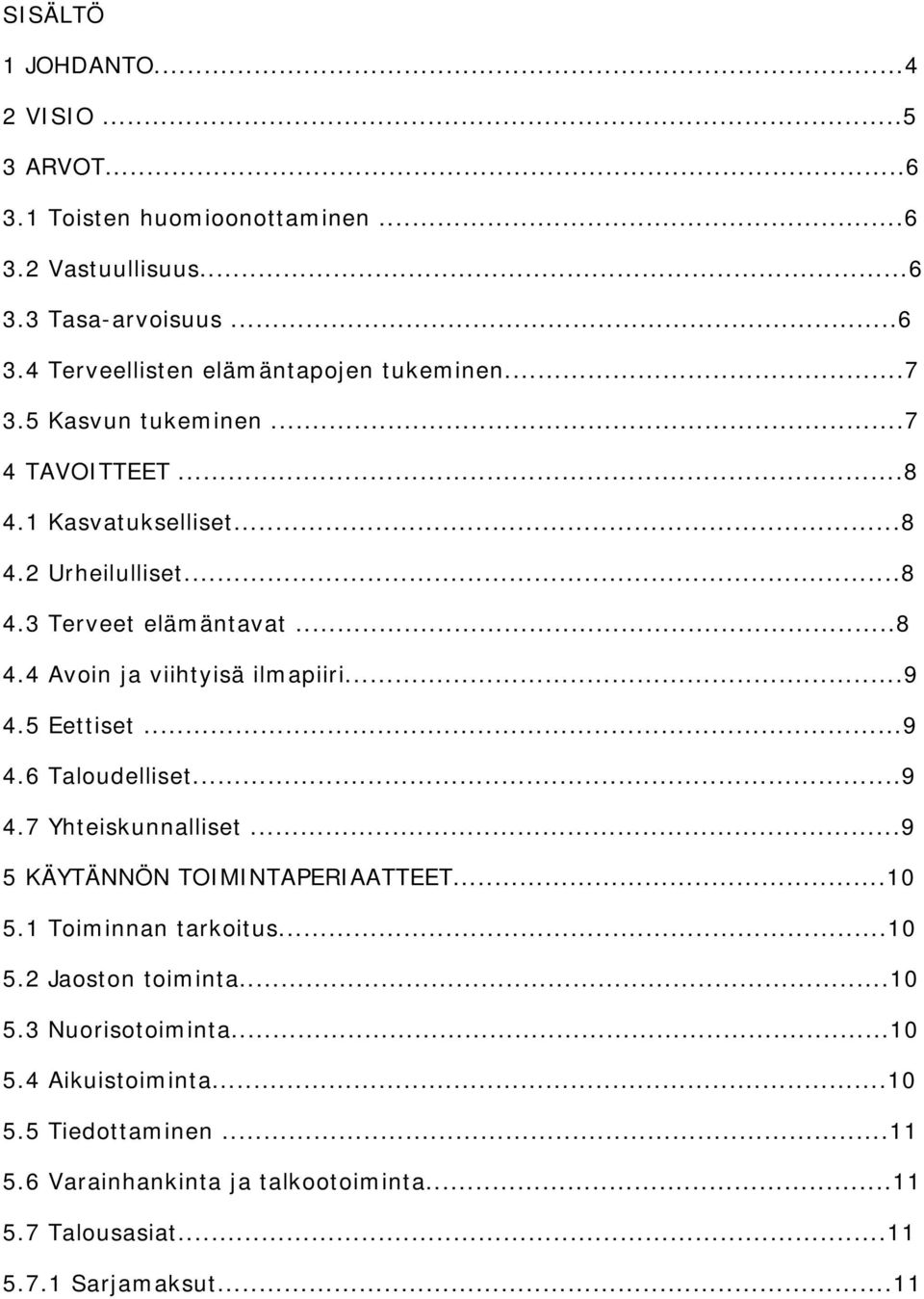 5 Eettiset...9 4.6 Taloudelliset...9 4.7 Yhteiskunnalliset...9 5 KÄYTÄNNÖN TOIMINTAPERIAATTEET...10 5.1 Toiminnan tarkoitus...10 5.2 Jaoston toiminta...10 5.3 Nuorisotoiminta.